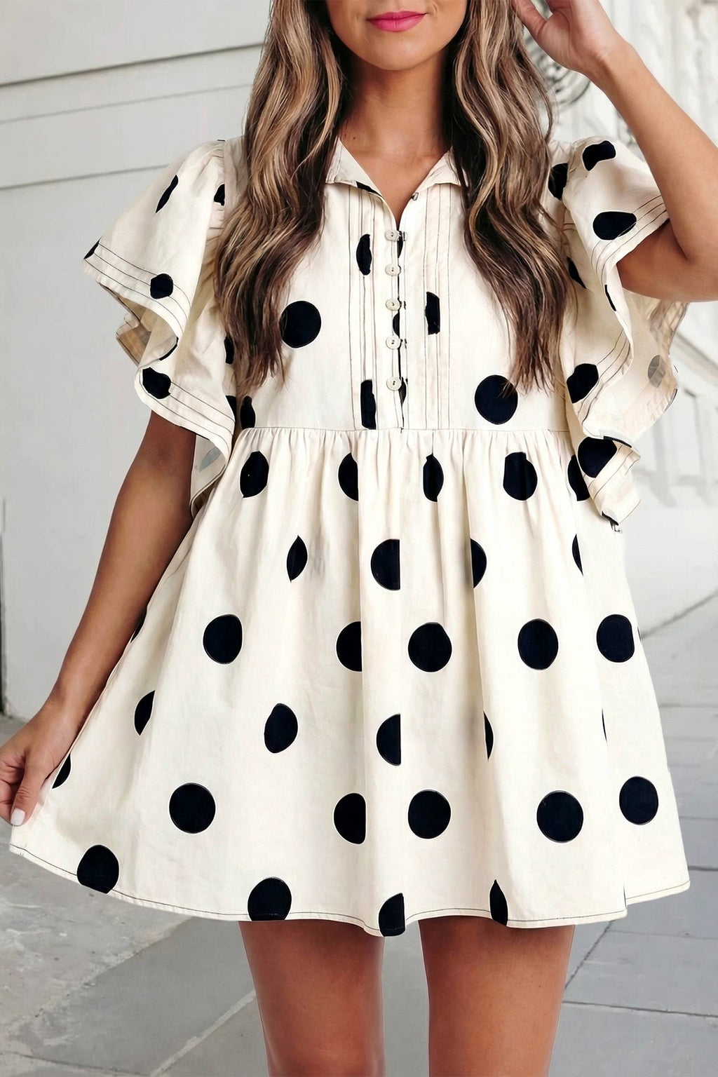 Polka Dots Button Ruffled Loose Mini Dress