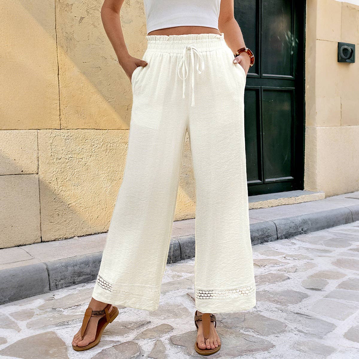 Elastic Waist Wide Leg Casual Pants