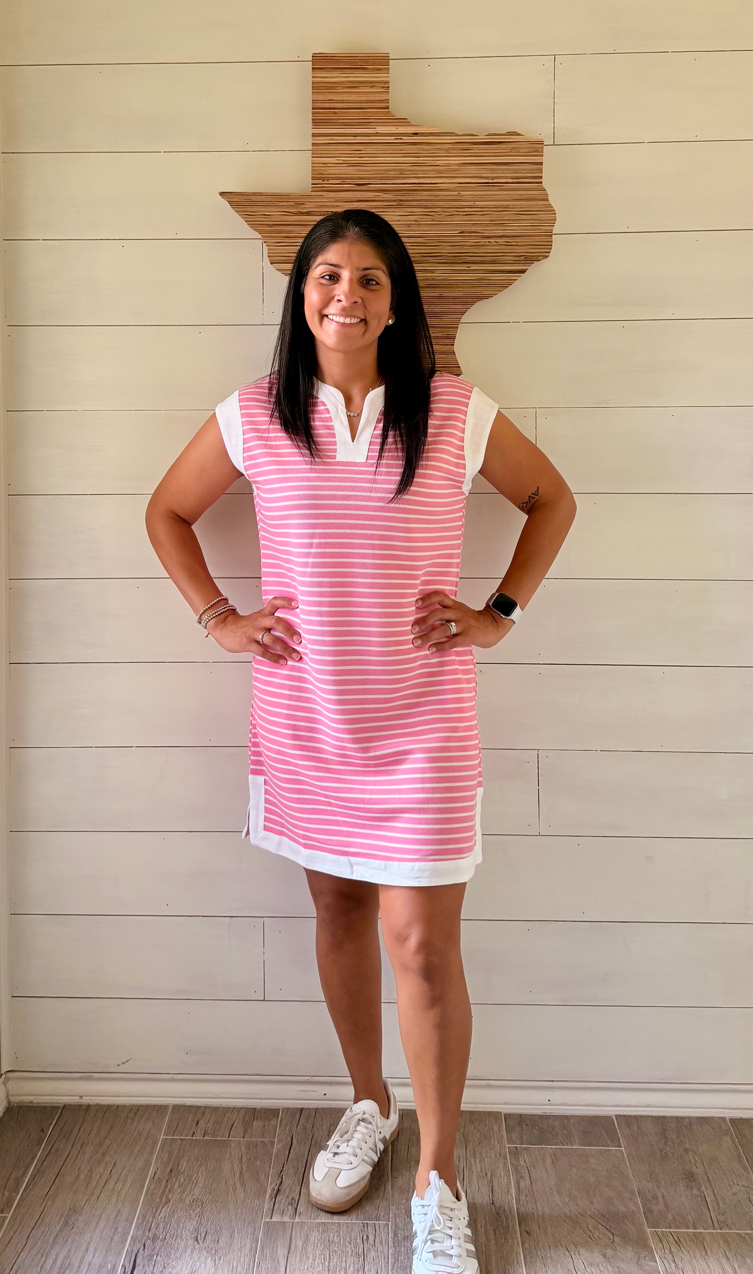 Stripe V Neck Sleeveless Shift Mini Dress