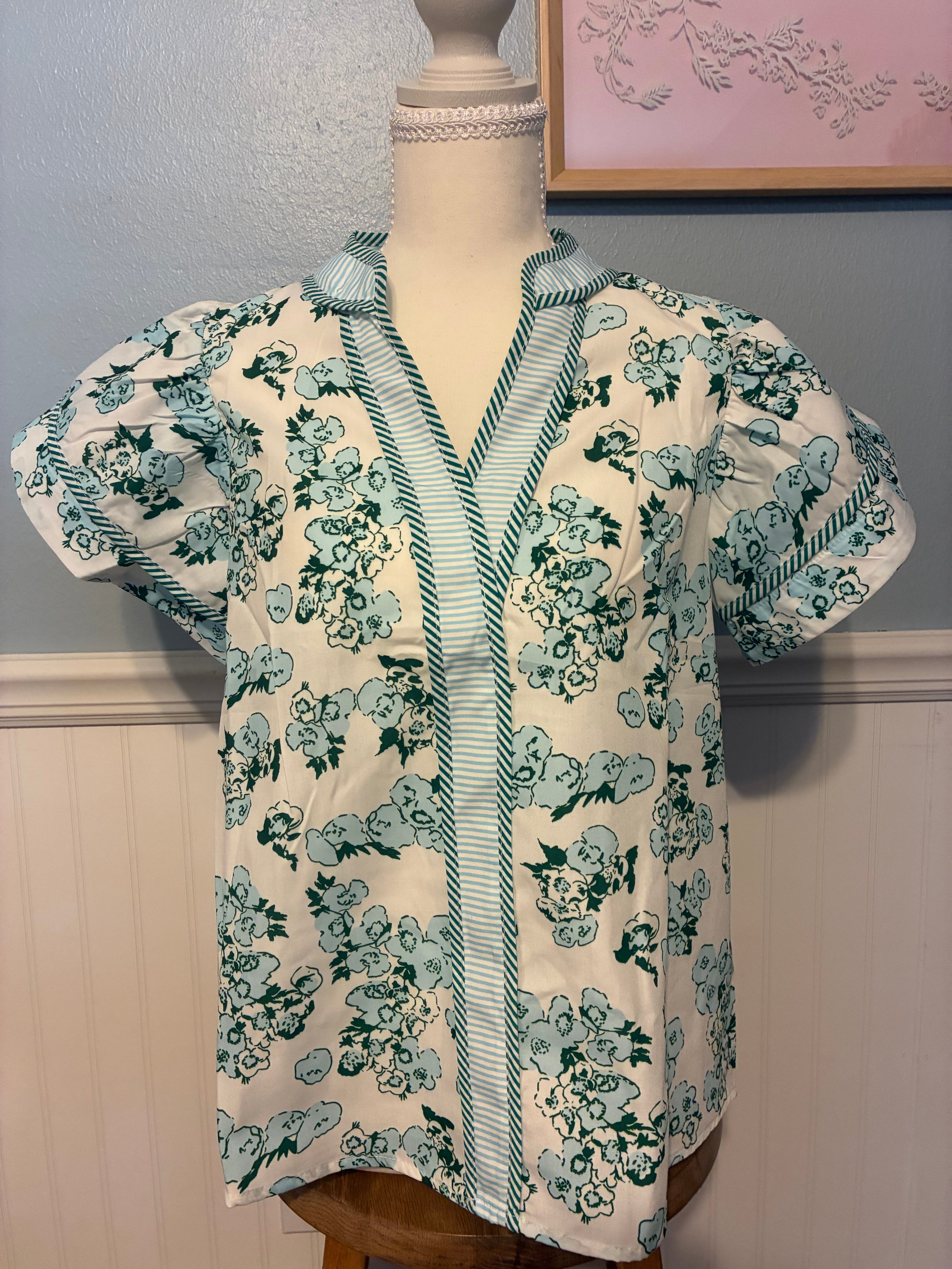 Floral Stripe V Neck Flutter Sleeve Blouse