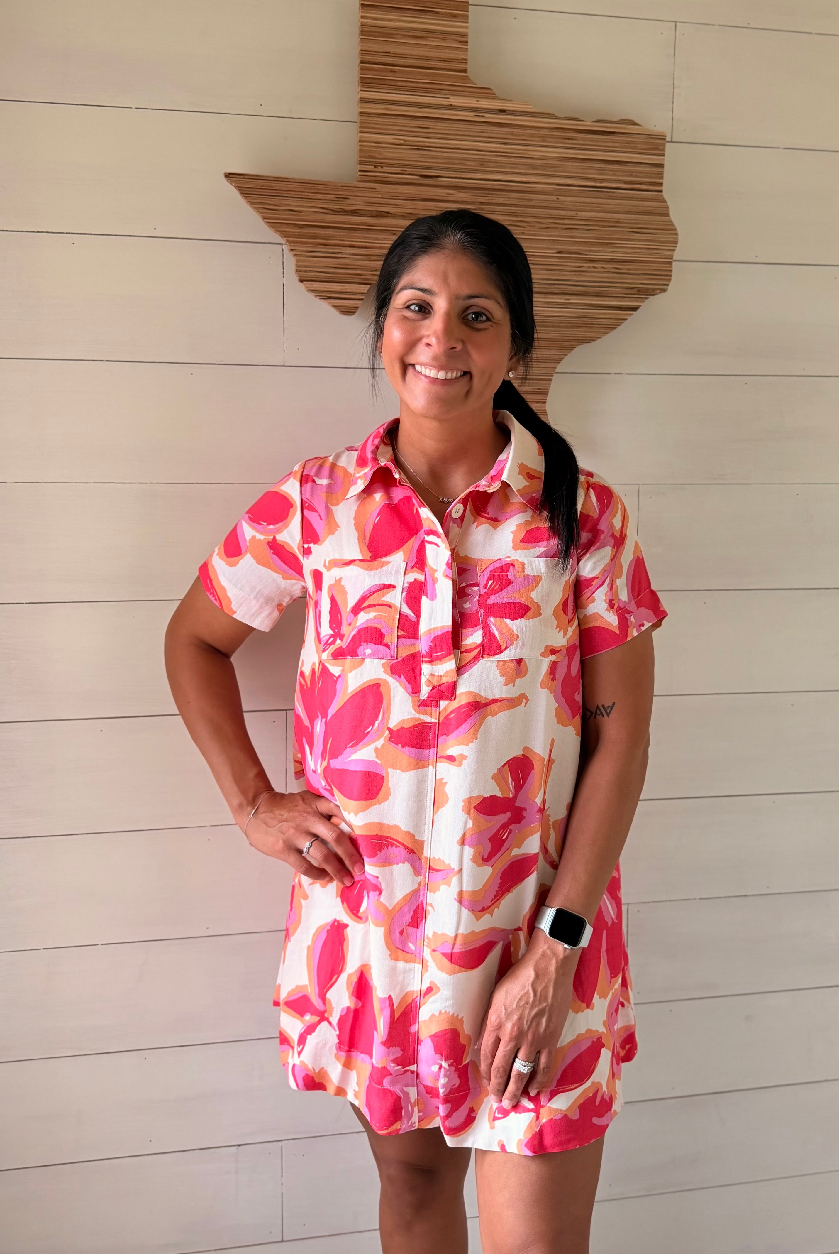 Floral Print Chest Pockets Shirt Mini Dress