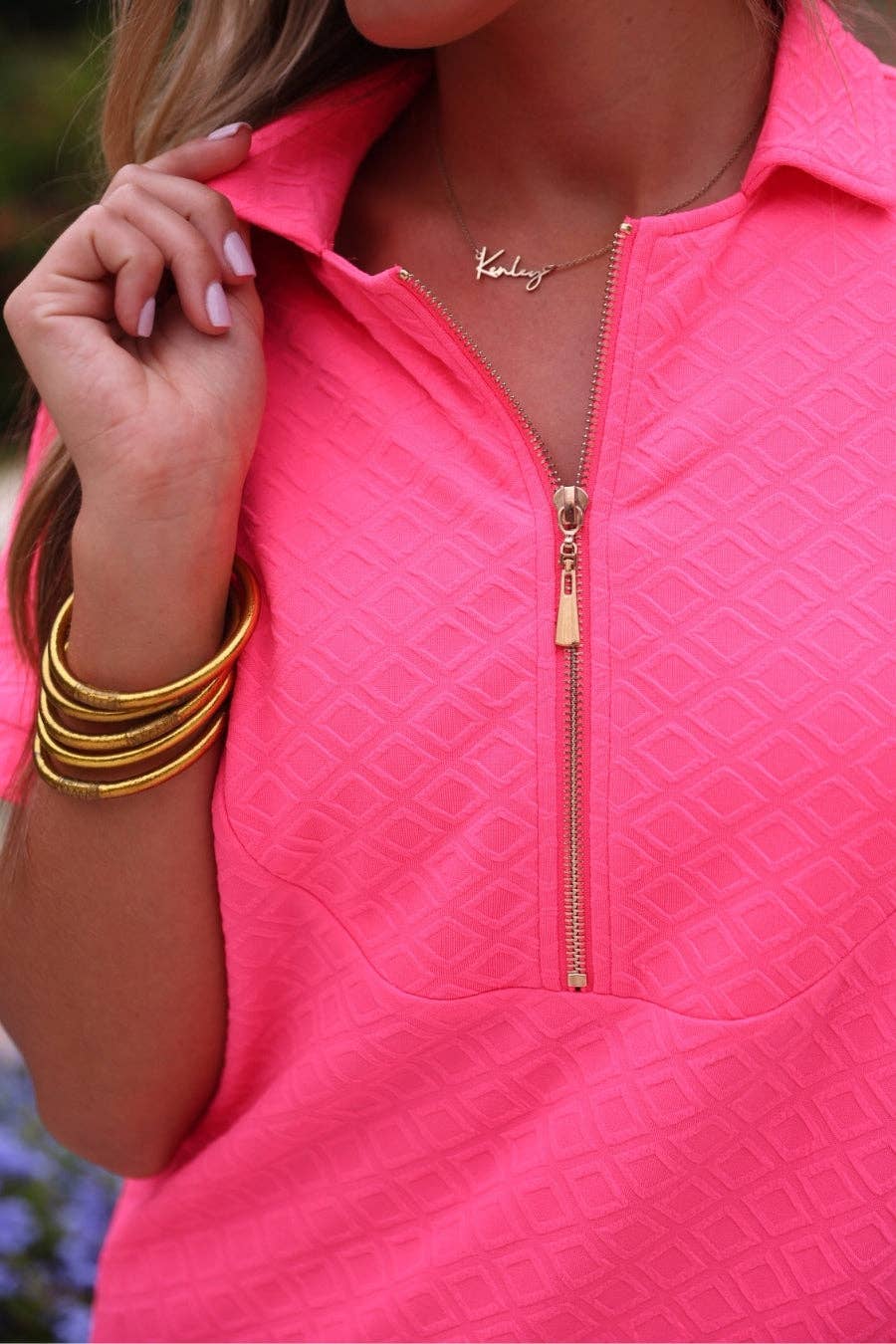 Textured Zipper Dress- Hot Pink