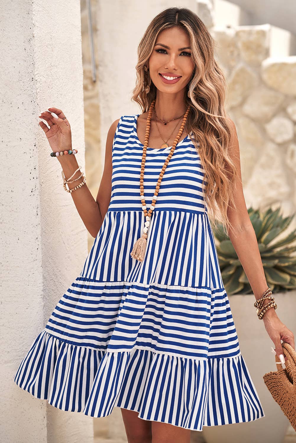 Stripe U Neck Sleeveless Loose Fit Mini Dress
