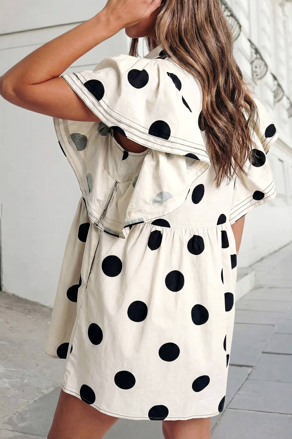 Polka Dots Button Ruffled Loose Mini Dress