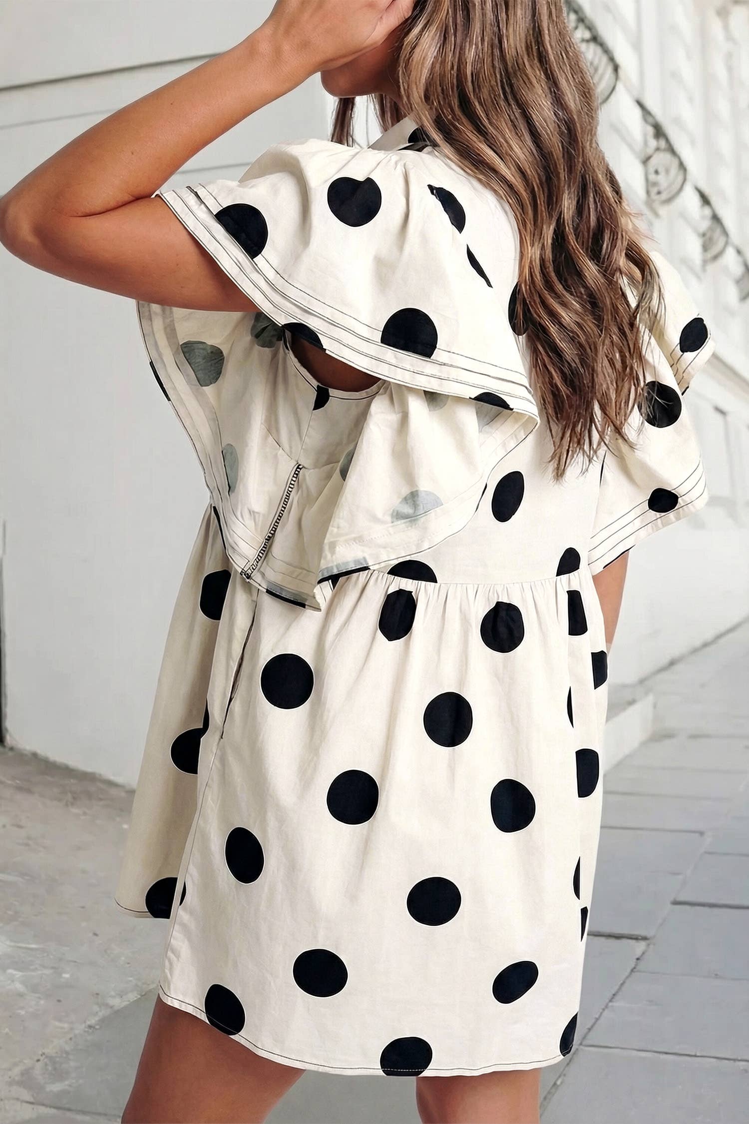 Polka Dots Button Ruffled Loose Mini Dress